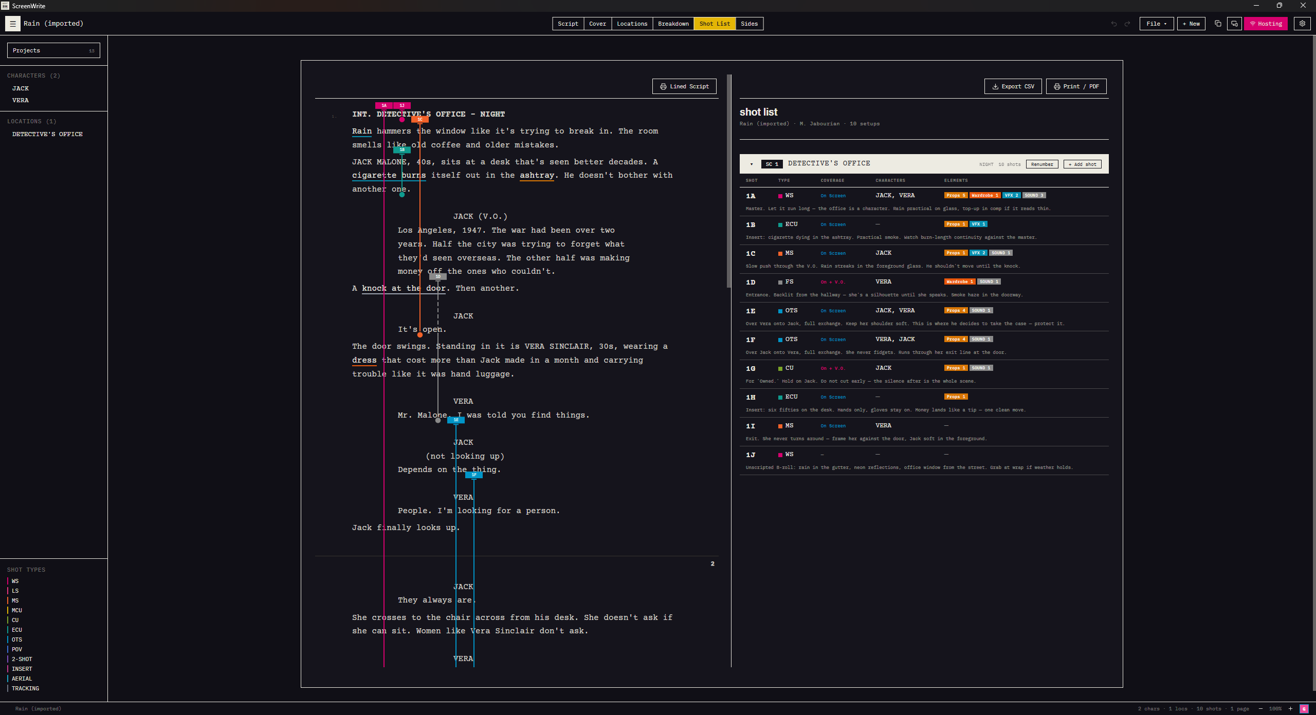 ScreenWrite shot list view, dark theme: lined script on the left, generated shot list on the right — click for full size