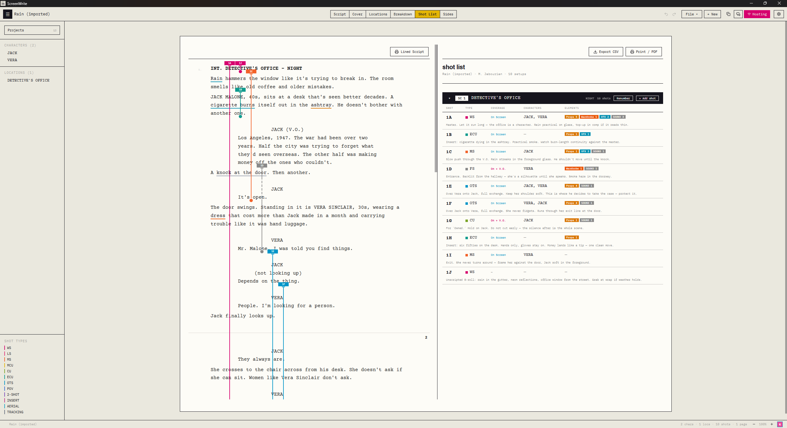 line view: lined script on the left, the generated shot list on the right
